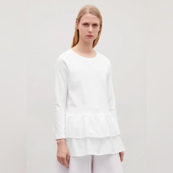 COS White Cotton Jersey + Poplin Double Peplum Ruffle Top XS - Picture 1 of 8